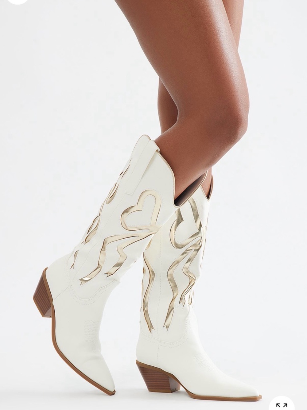 Fashion Nova White Cowboy Boots with Gold Heart Accents